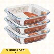 Conj. Assadeiras Vidro Resistente 1,1L Forma Retangular 3Un
