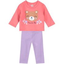 Conj. Bebê Moletom e Legging Flanelada Ursinha Brandili Menina Rosa e Lilás