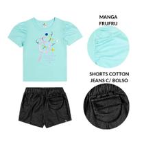 Conj. blusa manga princesa e pompom e shorts molecotton jeans - verde agua
