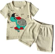Conj. Camisa/Short Curto Canelado Liso Masc/Fem 100% Algodao