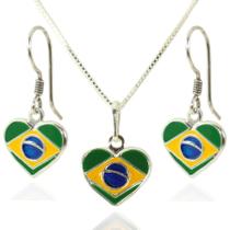 Conj. Colar Brinco Anzol Bandeira Brasil Coração Prata 925 Conj. Colar Brinco Anzol Bandeira Brasil Coração Prata 925