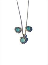 Conj. Colar E Brinco Pedra Agata ul Céu Coração Semijoia Conj. Colar E Brinco Pedra Agata ul Céu Coração Semijoia