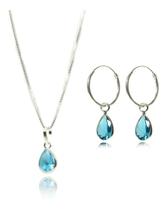 Conj. Colar Gota Azul E Brinco Argola Gota Azul Prata 925