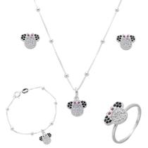 Conj. Colar Pulseira Brinco Anel Infantil Minie Pedra Prata