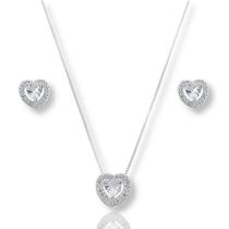 Conj. Colar Veneziana Pingente Coração e Brinco Coração Pedra Zirconia Prata