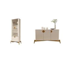 Conj Cristaleira e Buffet Buriti com Os Cantos Curvos, Puxador e Pés em Madeira Maciça Branco/Off White