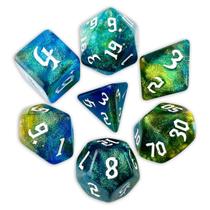 Conj. de 7 dados Iridescente - Amarelo e Azul - RPG