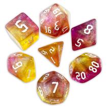 Conj. de 7 dados Iridescente - Amarelo e Púrpura - RPG