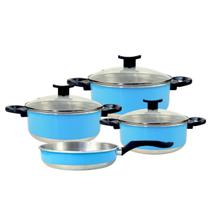 Conj de Panelas Completo 4 Pçs com Caçarolas e Frigideira Aluminio Esmaltado Cabos Antitérmicos Tampas de Vidro