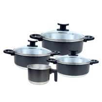 Conj de Panelas de Alumínio 3 Caçarolas e 1 Leiteira Cabo Baquelite e Tampa de Vidro Temperado