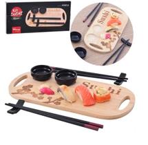 Conj. de sushi com 2 pares de hashi + tábua e acessórios 7 pçs