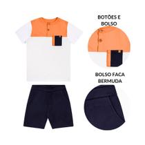 Conj. infantil camiseta gola portuguesa c/ bolso e bermuda moletinho - branco