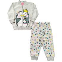 Conj. inverno menina moletom c/ zíper pinguim - tam. p ao g