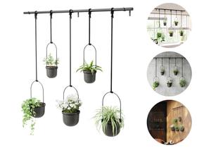 Conj Kit 5 Vasos Pendentes Com Suporte Decorativo Parede Teto Preto Sala Escritório Janela Décor