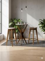 Conj Mesa Bistrô Boaz 60 cm Mad Mac Tampo MDF c/Vidro Off White + 2 Banquetas Gir. Anne Tc Areia - Imbuia Imbuia