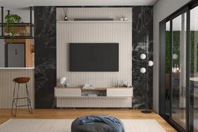 Conj. Painel Mendonza Frisado c/ Prateleira - Off White + Bancada Gália 1.9 2 Gaveteiros - Off White/Jequitiba