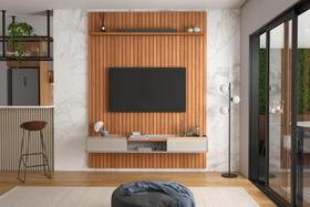 Conj. Painel Oslo Frisado c/ Prateleira - Jequitiba + Bancada Atlas 1.9 2 Gaveteiros - Jequitiba/Off White