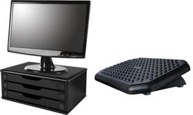 Conj Suporte Para Monitor em MDF Black Piano com 3 Gavetas Black Piano Souza Referência 3347 + APOIO Para os PÉS - Plástico Acrinil