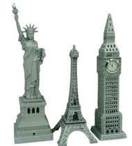 conj. Torre Eiffel + Big Ben 23 cm + 1 Estátua da Liberdade 15 cm CINZA PRATA - são os tamanhos maiores - DECORARJ