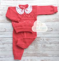 Conj Tricô Lã Bebê Agasalho Luxo Blusa com Pérolas (meninas) e Renda Bordada (meninos) Calça Enxoval Saída Maternidade