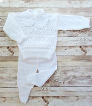 Conj Tricô Lã Bebê Agasalho Luxo Blusa com Pérolas (meninas) e Renda Bordada (meninos) Calça Enxoval Saída Maternidade