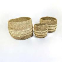 Conj Trio Cestos Fibra natural Listras Claras Design Luxo