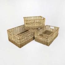 Conj Trio Cestos Palha Natural Duas Cores Retangular Luxo Conj Trio Cestos Palha Natural Duas Cores Retangular Luxo