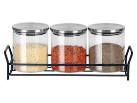 Conj Trio Potes Porta Condimentos Em Vidro Borossilicato Tampa Em Inox Com Suporte De Metal Mesa Posta Servir Temperos Nozes Amêndoas