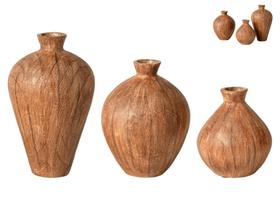 Conj Trio Vaso Decorativo Mesa Sala Jardim Redondo Plantas Flores Estilo Amadeirado Poliresina