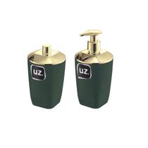 Conj Verde com Dourado Lavabo Porta Algodão e Dispenser Luxo