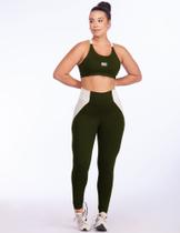 Conjunte Fitness Feminino Calça leve Compressão Cintura Alta Modela Bumbum Top Alças Bicolor Decote Redondo
