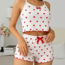 Conjuntinho Baby Dool Blogueirinha Sexy Feminino de Estampa Coração Preto e Vermelho Conjuntinho Baby Dool Blogueirinha Sexy Feminino de Estampa Coração Preto e Vermelho