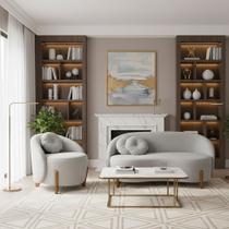 Conjunto 01 Poltrona + Sofá Curvo Orgânico Amsterdã Bouclê Cinza Claro - Montanari's Decor