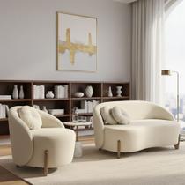 Conjunto 01 Poltrona + Sofá Curvo Orgânico Amsterdã Bouclê Off White - Montanari's Decor