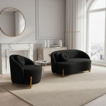 Conjunto 01 Poltrona + Sofá Curvo Orgânico Amsterdã Bouclê Preto - Montanari's Decor Conjunto 01 Poltrona + Sofá Curvo Orgânico Amsterdã Bouclê Preto - Montanari's Decor