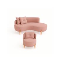 Conjunto 01 Poltrona + Sofá Curvo Orgânico Luna Veludo Rosê - Montanaris Decor Conjunto 01 Poltrona + Sofá Curvo Orgânico Luna Veludo Rosê - Montanaris Decor