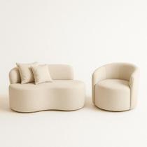 Conjunto 01 Poltrona + Sofá Curvo Orgânico Nature Gaia Boucle Bege - Montanaris Decor Conjunto 01 Poltrona + Sofá Curvo Orgânico Nature Gaia Boucle Bege - Montanaris Decor