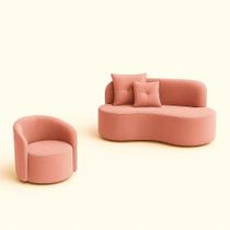 Conjunto 01 Poltrona + Sofá Curvo Orgânico Nature Gaia Veludo Rosa - Montanaris Decor Conjunto 01 Poltrona + Sofá Curvo Orgânico Nature Gaia Veludo Rosa - Montanaris Decor
