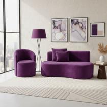 Conjunto 01 Poltrona + Sofá Curvo Orgânico Nature Gaia Veludo Roxo - Montanaris Decor