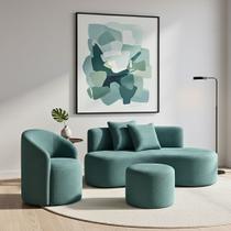 Conjunto 01 Poltrona + Sofá e 1 Puff Curvo Orgânico Nature Gaia Boucle Azul Turquesa - Montanaris Decor