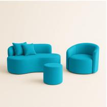 Conjunto 01 Poltrona + Sofá e 1 Puff Curvo Orgânico Nature Gaia Sued Azul Turquesa - Montanaris Decor