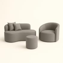 Conjunto 01 Poltrona + Sofá e 1 Puff Curvo Orgânico Nature Gaia Sued Cinza - Montanaris Decor