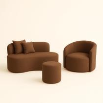 Conjunto 01 Poltrona + Sofá e 1 Puff Curvo Orgânico Nature Gaia Sued Marrom - Montanaris Decor Conjunto 01 Poltrona + Sofá e 1 Puff Curvo Orgânico Nature Gaia Sued Marrom - Montanaris Decor