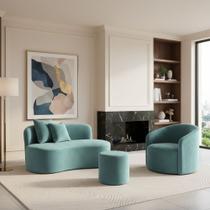 Conjunto 01 Poltrona + Sofá e 1 Puff Curvo Orgânico Nature Gaia Veludo - Montanaris Decor