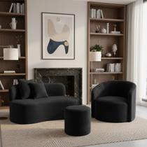 Conjunto 01 Poltrona + Sofá e 1 Puff Curvo Orgânico Nature Gaia Veludo - Montanaris Decor