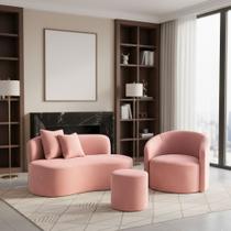 Conjunto 01 Poltrona + Sofá e 1 Puff Curvo Orgânico Nature Gaia Veludo - Montanaris Decor