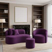 Conjunto 01 Poltrona + Sofá e 1 Puff Curvo Orgânico Nature Gaia Veludo - Montanaris Decor