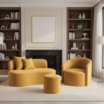 Conjunto 01 Poltrona + Sofá e 1 Puff Curvo Orgânico Nature Gaia Veludo - Montanaris Decor