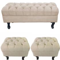 Conjunto 01 Puff Calçadeira Retrô 1,00 Metro Luis Xv Mais 02 Puffs 50X40 cm Capitonê Suede Bege - DS Estofados