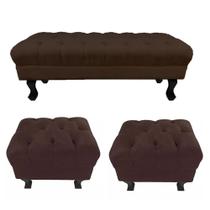 Conjunto 01 Puff Calçadeira Retrô 1,00 Metro Luis Xv Mais 02 Puffs 50X40 cm Capitonê Suede Marrom - DS Estofados